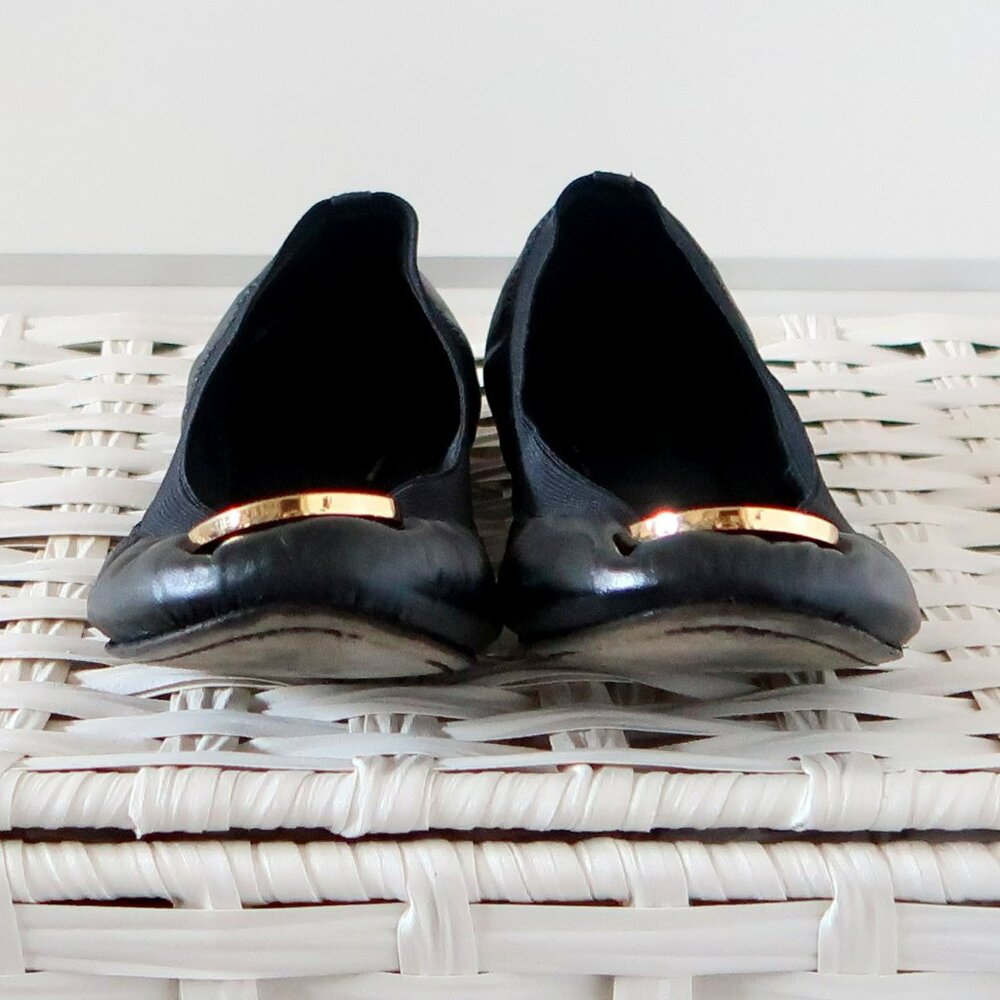 Tory Burch Black Leather Round Toe Ballet Flats Gold Logo Classic Designer Shoes - Picture 5 of 16
